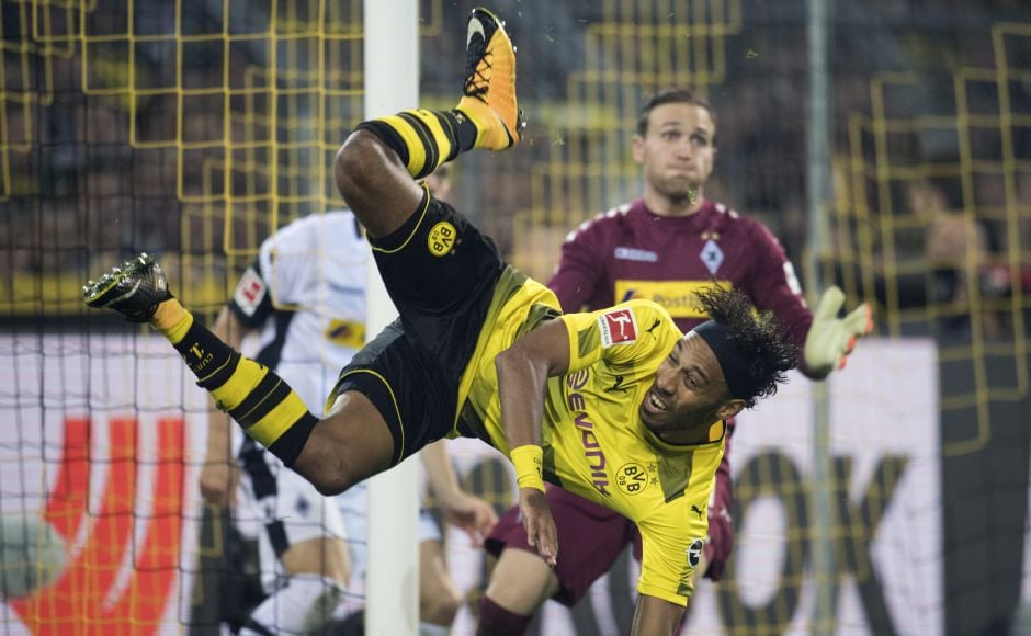 Pierre-Emerick Aubameyang scored a hat trick and the brilliant Maximilian Philipp scored twice as Borussia Dortmund made it five wins and a draw, equaling their 2015 start. AP Pierre-Emerick Aubameyang scored a hat trick and the brilliant Maximilian Philipp scored twice as Borussia Dortmund made it five wins and a draw, equaling their 2015 start. AP