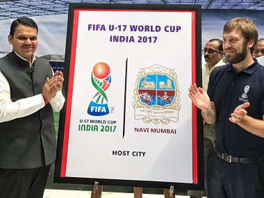 Maharashtra Chief Minister Devendra Fadnavis launched 'host city logo' for Navi Mumbai Image courtesy: Twitter @IndianFootball