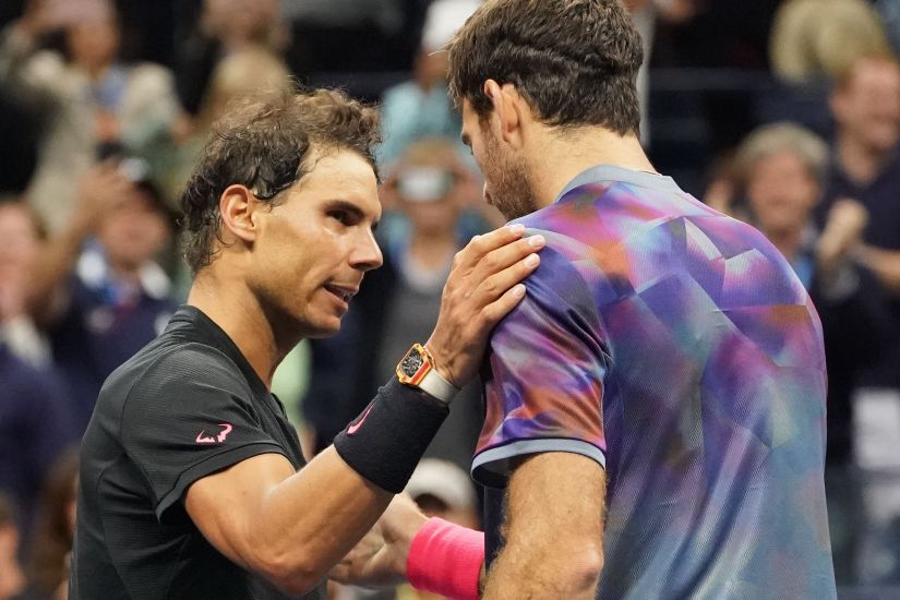 Sept 8, 2017; New York, NY, USA; Rafael Nadal of Spain and Juan Martin del Potro of Argentina after their match in Ashe Stadium at the USTA Billie Jean King National Tennis Center. Mandatory Credit: Robert Deutsch-USA TODAY Sports - 10266137