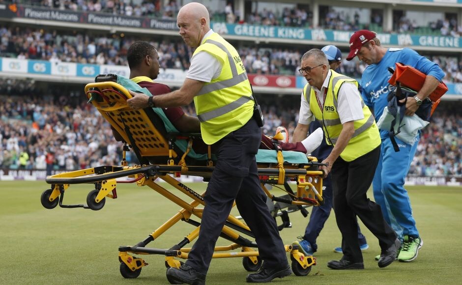 Evin Lewis was taken off on a stretcher with just over three overs to go in the innings. West Indies had posted 356-5 from 50 overs. AP Evin Lewis was taken off on a stretcher with just over three overs to go in the innings. West Indies had posted 356-5 from 50 overs. AP