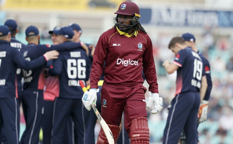 England won the toss and put West Indies into bat. The visitors lost Chris Gayle in the very first over after being caught by Joe Root off the bowling of Chris Woakes. AP England won the toss and put West Indies into bat. The visitors lost Chris Gayle in the very first over after being caught by Joe Root off the bowling of Chris Woakes. AP