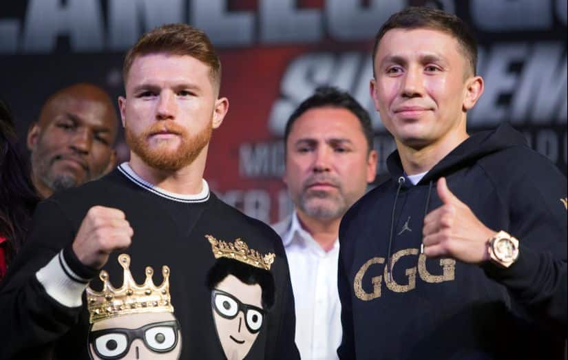 Middleweight boxer Canelo Alvarez of Mexico and WBC/WBA/IBF middleweight champion Gennady Golovkin of Kazakhstan pose during a news conference. Reuters