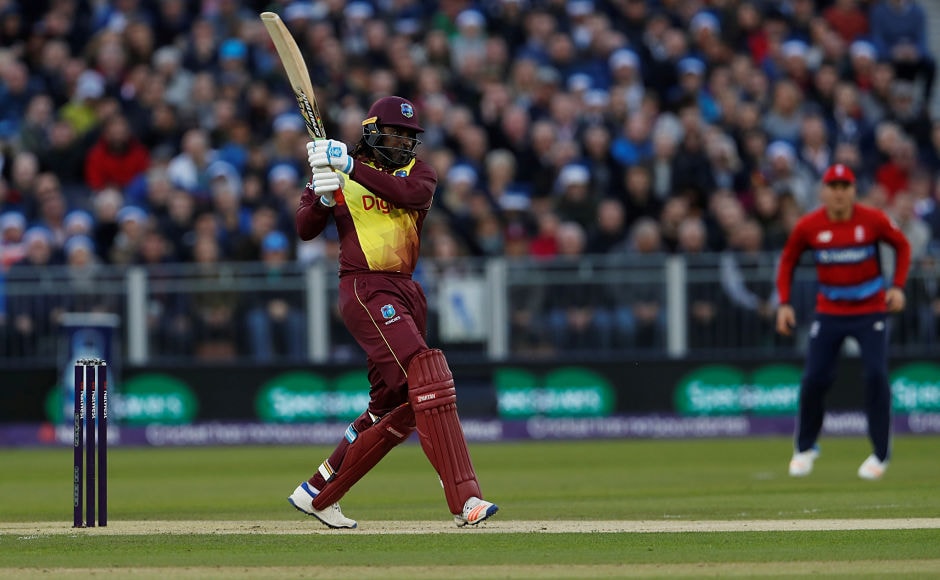 Windies opener Chris Gayle took the attack to England as he smacked three boundaries and four sixes in his 40-run knock. Reuters Windies opener Chris Gayle took the attack to England as he smacked three boundaries and four sixes in his 40-run knock. Reuters