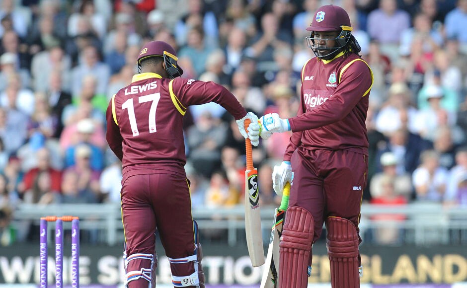 Windies opener Chris Gayle made a typical start to his innings, slamming three sixes and two boundaries, to provide a brisk start to his side. AP Windies opener Chris Gayle made a typical start to his innings, slamming three sixes and two boundaries, to provide a brisk start to his side. AP