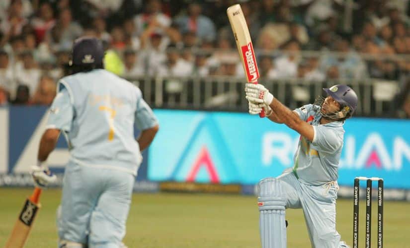 Yuvraj Singh tonks the 5th ball off Stuart Broad’s bowling to slam 5th of the 6 sixes. Getty