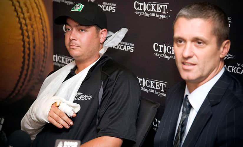  New Zealand cricketer Jesse Ryder and Chief Executive of New Zealand Cricket (NZC) Justin Vaughan talk to the media after Ryder cut his hand on a window at a Christchurch nightclub while celebrating his team’s one-day series win over England. Getty