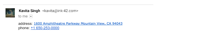Gmail app showing address and phone numbers in hyperlink. Google Blog
