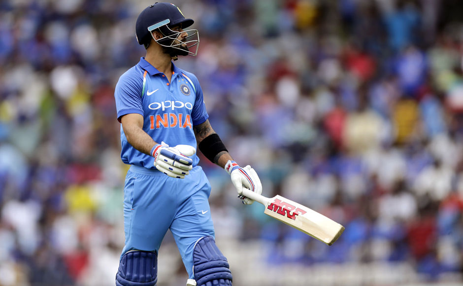 Indian captain Virat Kohli was sent back to pavilion for a rare duck when he was caught brilliantly at point by Glenn Maxwell. AP Indian captain Virat Kohli was sent back to pavilion for a rare duck when he was caught brilliantly at point by Glenn Maxwell. AP