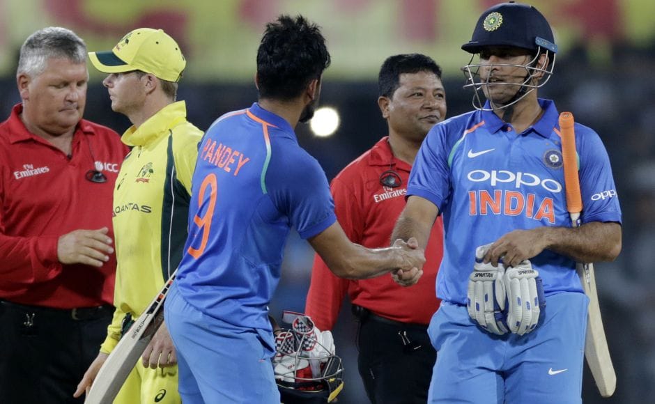 Pandya, who survived a dropped chance by Smith off Agar on 41, then showed maturity as he and Manish Pandey took control of the situation. His crucial fifth-wicket stand with Manish Pandey, who remained unbeaten on 36, helped the hosts chase down their 294-run target with 13 balls to spare. AP Pandya, who survived a dropped chance by Smith off Agar on 41, then showed maturity as he and Manish Pandey took control of the situation. His crucial fifth-wicket stand with Manish Pandey, who remained unbeaten on 36, helped the hosts chase down their 294-run target with 13 balls to spare. AP