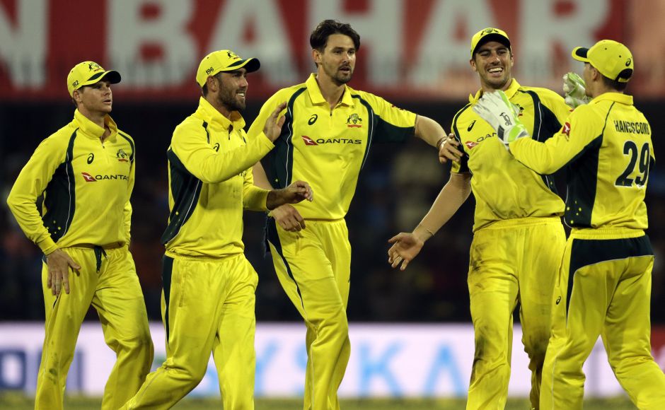 Kane Richardson got Kedar Jadhav caught behind for two as India suddenly found themselves in trouble at 206-4. AP Kane Richardson got Kedar Jadhav caught behind for two as India suddenly found themselves in trouble at 206-4. AP