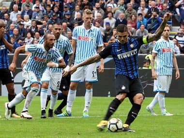 Inter Milan’s Mauro Icardi scores during the Serie A match against SPAL, at the San Siro Stadium in Milan. AP