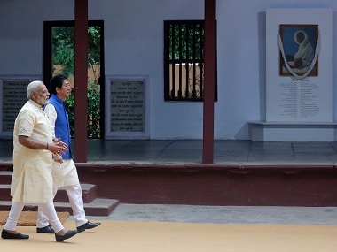Shinzo Abe and Narendra Modi visit Sabarmati Ashram on Thursday. AP