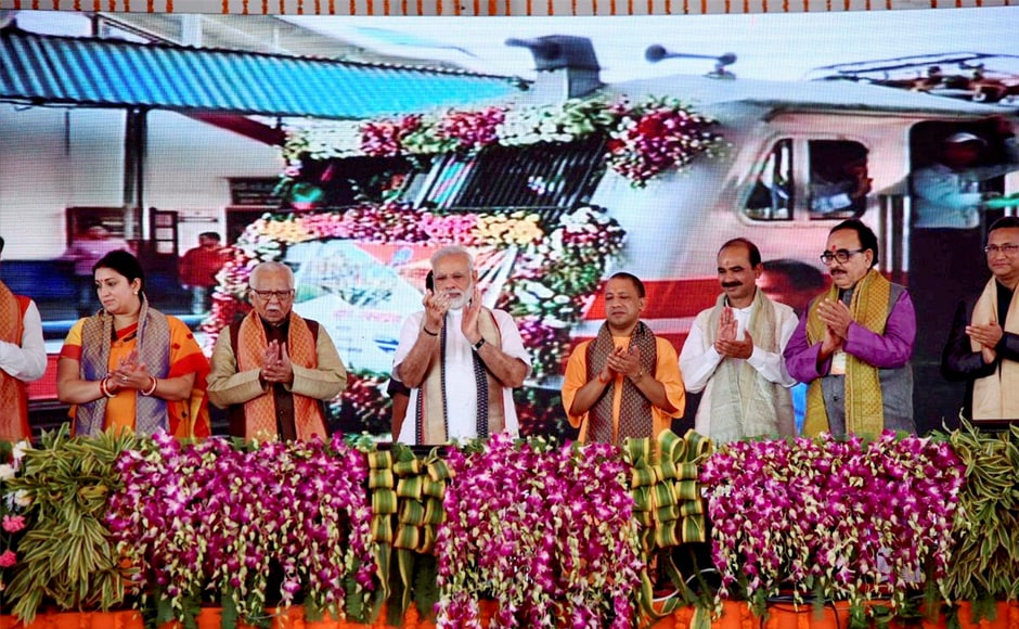 Prime Minister Narendra Modi flagged off the Vadodara-Varanasi Mahamana Express with Union textiles minister Smriti Irani, Uttar Pradesh governor Ram Naik and chief minister Yogi Adityanath and other leaders in Varanasi on Friday. PTI Prime Minister Narendra Modi flagged off the Vadodara-Varanasi Mahamana Express with Union textiles minister Smriti Irani, Uttar Pradesh governor Ram Naik and chief minister Yogi Adityanath and other leaders in Varanasi on Friday. PTI