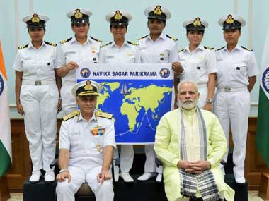 Indian Navy's first all-women crew welcomed post circumnavigating the globe, expedition took over 8 months Indian Navy's first all-women crew welcomed post circumnavigating the globe, expedition took over 8 months