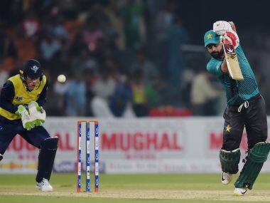 Pakistan’s Ahmed Shahzad plays a shot against World XI at the Gaddafi Stadium. AFP 