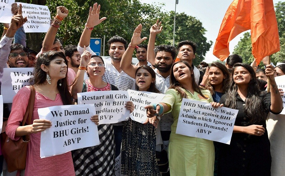 The National Students Union of India (NSUI) and the Akhil Bharatiya Vidyarthi Parishad (ABVP) staged demonstrations in New Delhi on Monday against the crackdown on Benaras Hindu University (BHU) students. PTI The National Students Union of India (NSUI) and the Akhil Bharatiya Vidyarthi Parishad (ABVP) staged demonstrations in New Delhi on Monday against the crackdown on Benaras Hindu University (BHU) students. PTI