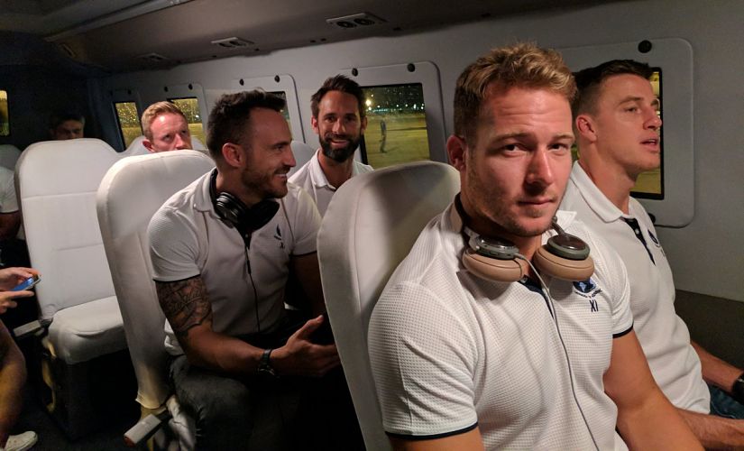 David Miller, Morne Morkel, Faf du Plessis and Grant Elliot as World XI arrives in Pakistan. Image courtesy: Twitter @TheRealPCB