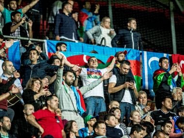 Fans of Qarabag during their Champions League play-off match against FC Copenhagen. REUTERS