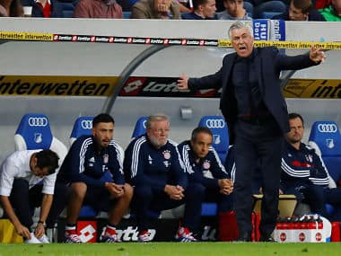 Soccer Football - Bundesliga - Hoffenheim v Bayern Munich - Sinsheim, Germany - September 9, 2017 Bayern Munich coach Carlo Ancelotti REUTERS/Kai Pfaffenbach DFL RULES TO LIMIT THE ONLINE USAGE DURING MATCH TIME TO 15 PICTURES PER GAME. IMAGE SEQUENCES TO SIMULATE VIDEO IS NOT ALLOWED AT ANY TIME. FOR FURTHER QUERIES PLEASE CONTACT DFL DIRECTLY AT + 49 69 650050 - RC1E0E6D8200