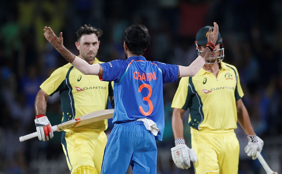 Wrist spinner Chahal was the pick of the Indian bowlers flummoxing three Australian batsman in his 5 overs. Reuters Wrist spinner Chahal was the pick of the Indian bowlers flummoxing three Australian batsman in his 5 overs. Reuters