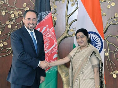 Afghanistan foreign minister Salahuddin Rabbani with external affairs minister Sushma Swaraj in New Delhi on Monday. Twitter @MEAIndia