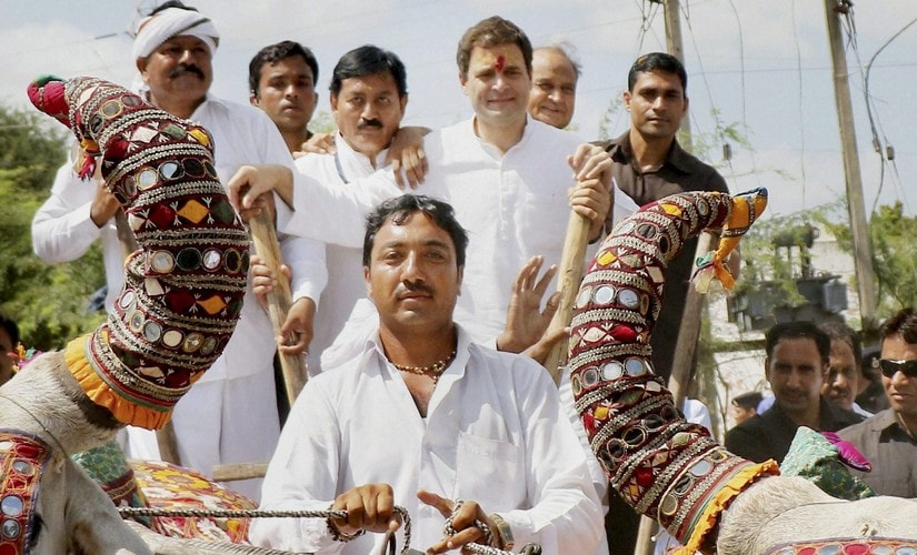 Rahul Gandhi rides on a bullock cart during a road show at Hanjadapar village in Dwarka district of Gujarat. PTI
