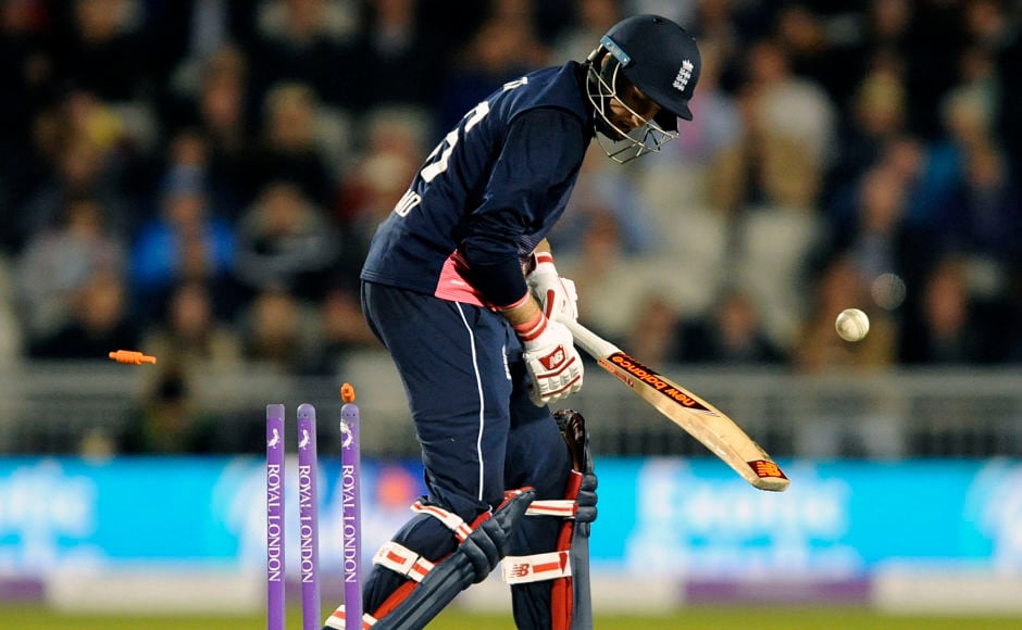 Chopped on! Joe Root dragged one onto his sticks which brought an end to a brilliant partnership between him and Jonny Bairstow. AP Chopped on! Joe Root dragged one onto his sticks which brought an end to a brilliant partnership between him and Jonny Bairstow. AP