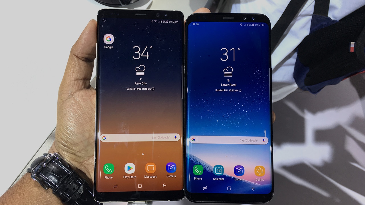 The Samsung Galaxy Note 8 on the left, the S8+ on the right