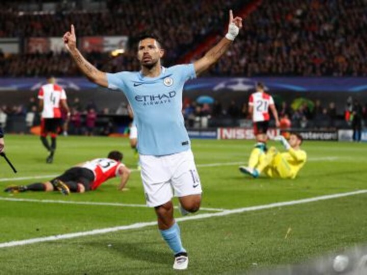Champions League: Sergio Aguero's 50th goal in European competition helps Manchester City thrash Feyenoord