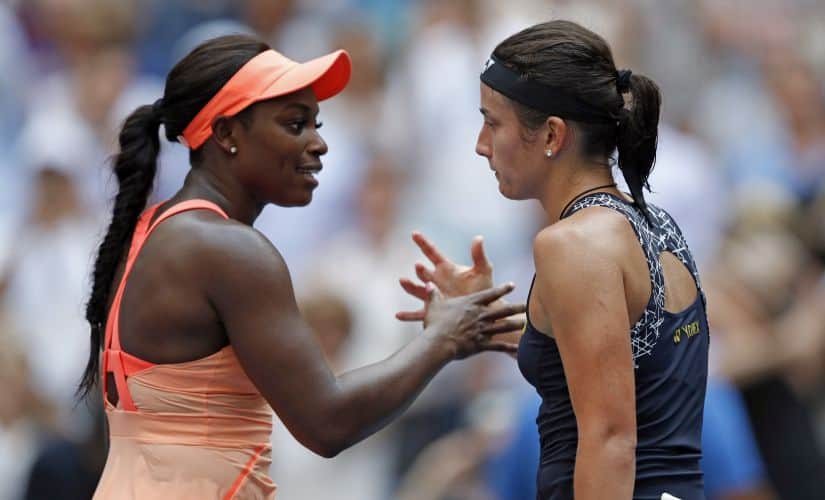 Sloane Stephens, of the United States, left, shakes hands with Anastasija Sevastova, of Latvia, after winning their quarterfinal match of the U.S. Open tennis tournament, Tuesday, Sept. 5, 2017, in New York. (AP Photo/Adam Hunger)
