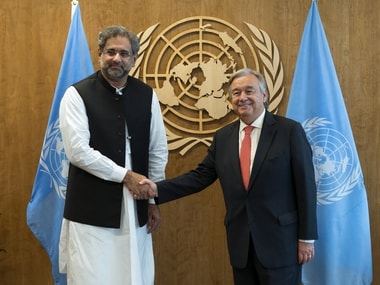 Prime Minister of Pakistan Shahid Khaqan Abbasi, left, is greeted by United Nations Secretary-General Antonio Guterres before a meeting Thursday, Sept. 21, 2017, at U.N. headquarters. AP