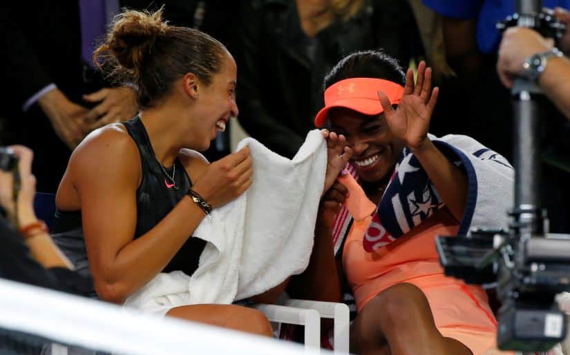 Sloane Stephens and her opponent Madison Keys chat with each other before the trophy presentation. Reuters 