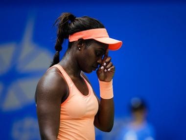 Sloane Stephens reacts during the match against Qiang Wang at the Wuhan Open. Getty