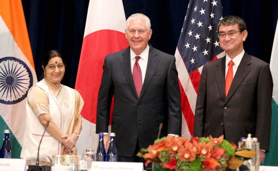 Swaraj also met with US Secretary of State Rex Tillerson and Japanese foreign minister Taro Kono, and exchanged views on maritime security, connectivity and proliferation issues. Twitter@MEAIndia Swaraj also met with US Secretary of State Rex Tillerson and Japanese foreign minister Taro Kono, and exchanged views on maritime security, connectivity and proliferation issues. Twitter@MEAIndia