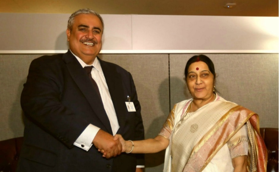 Swaraj met with foreign minister of Bahrain Khalid bin Ahmed Al Khalifa on Monday, who the external affairs ministry called an 'old friend'. Twitter@MEAIndia Swaraj met with foreign minister of Bahrain Khalid bin Ahmed Al Khalifa on Monday, who the external affairs ministry called an 'old friend'. Twitter@MEAIndia
