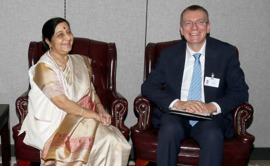 Swaraj also met Latvian foreign minister Edgars Rinkēvičs in an official bilateral meeting in New York on Monday. Twitter@MEAIndia Swaraj also met Latvian foreign minister Edgars Rinkēvičs in an official bilateral meeting in New York on Monday. Twitter@MEAIndia