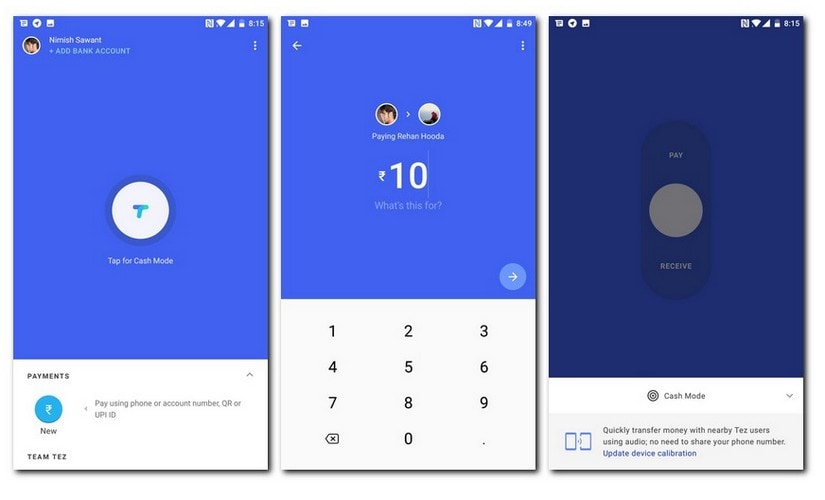 Google Tez app screenshots showing the user interface and Cash payment method