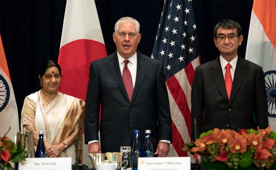 Indian external affairs minister Sushma Swaraj at a trilateral meet with US secretary of state Rex Tillerson and Japanese foreign minister Taro Kono to discuss increased cooperation between the three countries. Swaraj will also be part of a high-level meet on UN reforms chaired by US president Donald Trump. AP Indian external affairs minister Sushma Swaraj at a trilateral meet with US secretary of state Rex Tillerson and Japanese foreign minister Taro Kono to discuss increased cooperation between the three countries. Swaraj will also be part of a high-level meet on UN reforms chaired by US president Donald Trump. AP