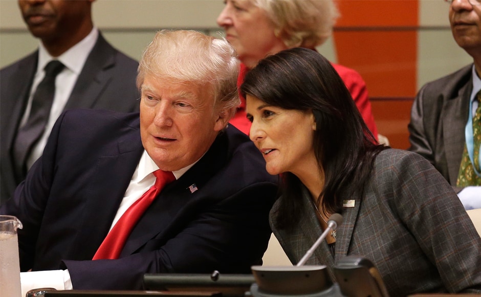 Donald Trump with US ambassador to UN Nikki Haley on Monday. In his first appearance at the UN, Trump warned bureaucracy was holding back the institution from working effectively. AP Donald Trump with US ambassador to UN Nikki Haley on Monday. In his first appearance at the UN, Trump warned bureaucracy was holding back the institution from working effectively. AP