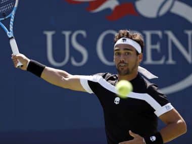 Fabio Fognini, of Italy, returns a shot from Stefano Travaglia, of Italy, during the first round of the U.S. Open tennis tournament, Wednesday, Aug. 30, 2017, in New York. (AP Photo/Michael Noble)