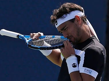 Fabio Fognini, of Italy, reacts after losing a point to Stefano Travaglia, of Italy, during the first round of the U.S. Open tennis tournament, Wednesday, Aug. 30, 2017, in New York. (AP Photo/Michael Noble)
