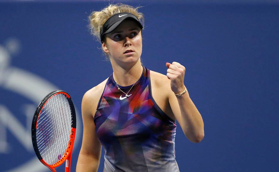 Elina Svitolina, of Ukraine, reacts after taking the second set in a fourth round match against Madison Keys, of the United States, at the U.S. Open tennis tournament in New York, Monday, Sept. 4, 2017. (AP Photo/Kathy Willens)