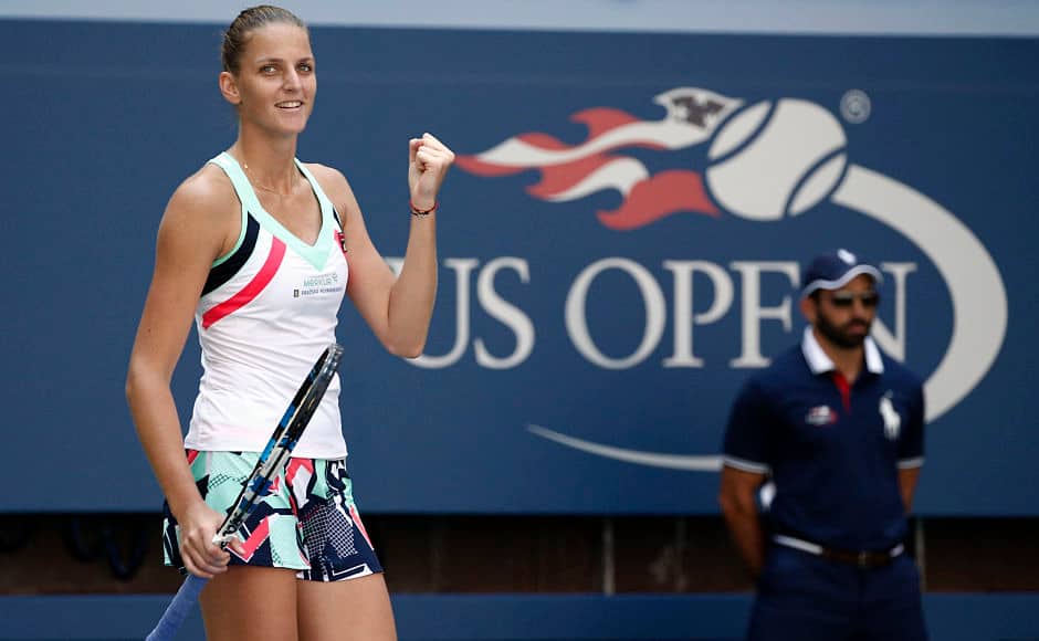 Karolina Pliskova, of the Czech Republic, reacts after beating Jennifer Brady, of the United States, during the fourth round of the U.S. Open tennis tournament, Monday, Sept. 4, 2017, in New York. (AP Photo/Peter Morgan)