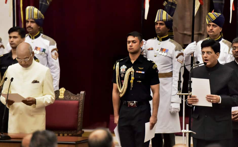 Piyush Goyal being sworn-in as a Cabinet Minister by President Ram Nath Kovind at Rashtrapati Bhavan in New Delhi on Sunday. PTI