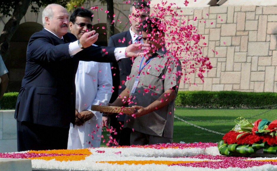 President of the Republic of Belarus, Alexander Lukashenko paying floral tributes at the Samadhi of Mahatma Gandhi, at Rajghat, in Delhi on Tuesday. PTI President of the Republic of Belarus, Alexander Lukashenko paying floral tributes at the Samadhi of Mahatma Gandhi, at Rajghat, in Delhi on Tuesday. PTI