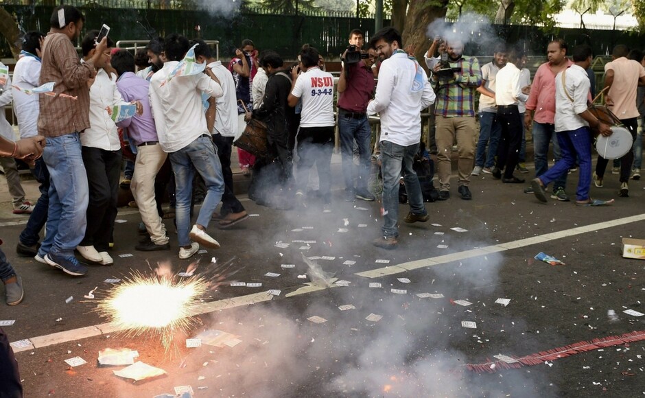 Supporters of NSUI celebrate outside 10 Janpath after their candidates' win in the much anticipated DUSU elections 2017. Supporters of NSUI celebrate outside 10 Janpath after their candidates' win in the much anticipated DUSU elections 2017.