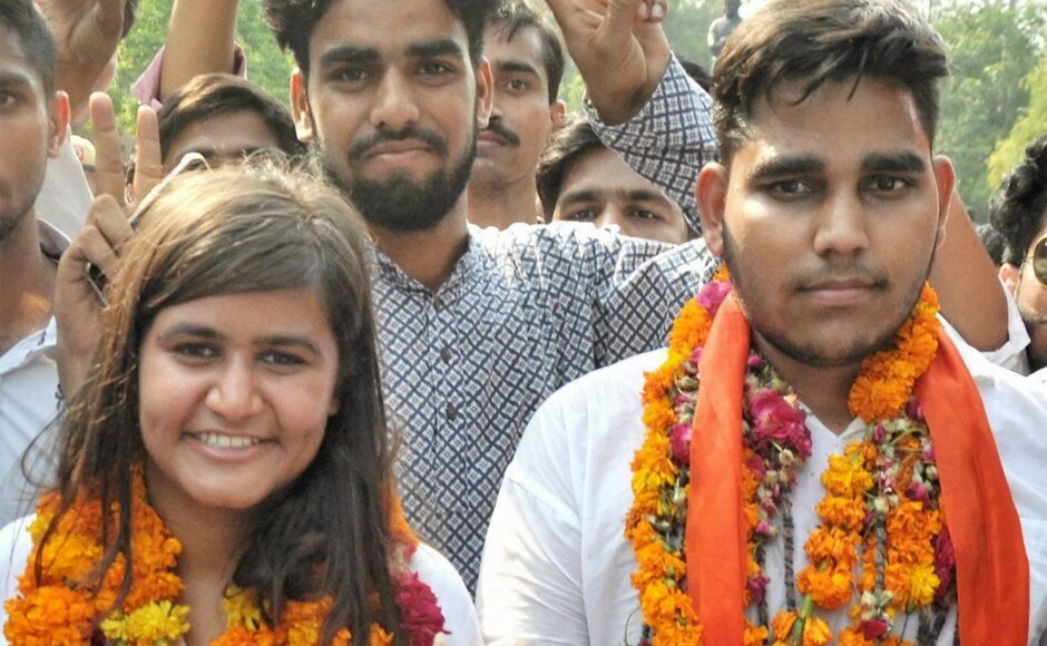 ABVP's Mahamedha Nagar and Uma Shankar flash victory signs after winning the secretary and joint secretary posts in DUSU 2017 elections, in New Delhi on Wednesday. PTI ABVP's Mahamedha Nagar and Uma Shankar flash victory signs after winning the secretary and joint secretary posts in DUSU 2017 elections, in New Delhi on Wednesday. PTI