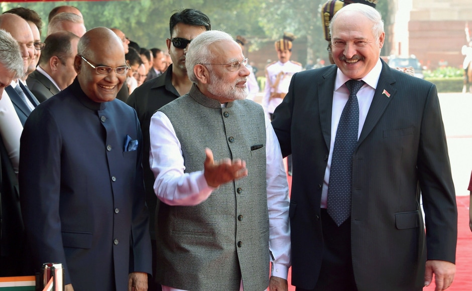 President Ram Nath Kovind with his Belarusian counterpart A G Lukashenko and Prime Minister Narendra Modi during Lukashenko's welcome ceremony at the forecourt of the Rashtrapati Bhavan in New Delhi on Tuesday. PTI President Ram Nath Kovind with his Belarusian counterpart A G Lukashenko and Prime Minister Narendra Modi during Lukashenko's welcome ceremony at the forecourt of the Rashtrapati Bhavan in New Delhi on Tuesday. PTI