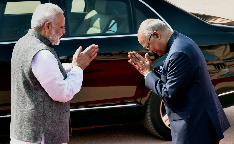 President Ram Nath Kovind exchanging greetings with Prime Minister Narendra Modi after the welcome ceremony for the visiting President of Belarus AG Lukashenko at Rashtrapati Bhawan in New Delhi on Tuesday. PTI President Ram Nath Kovind exchanging greetings with Prime Minister Narendra Modi after the welcome ceremony for the visiting President of Belarus AG Lukashenko at Rashtrapati Bhawan in New Delhi on Tuesday. PTI