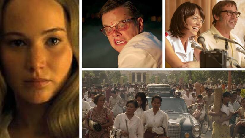Clockwise: Jennifer Lawrence in mother!; Matt Damon in Suburbicon; Emma Stone and Steve Carrell in Battle of the Sexes; and Angelina Jolie's First They Killed My father. Images via Facebook.
